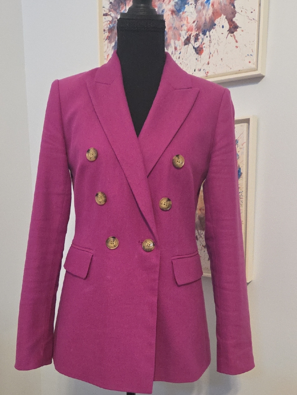 LOFT Double-Breasted Fuchsia Blazer with Gold Buttons | Petite